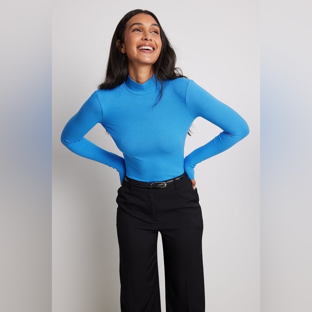 NA-KD Ribbed Long Sleeve Turtleneck Top Blue Size Small EcoVero